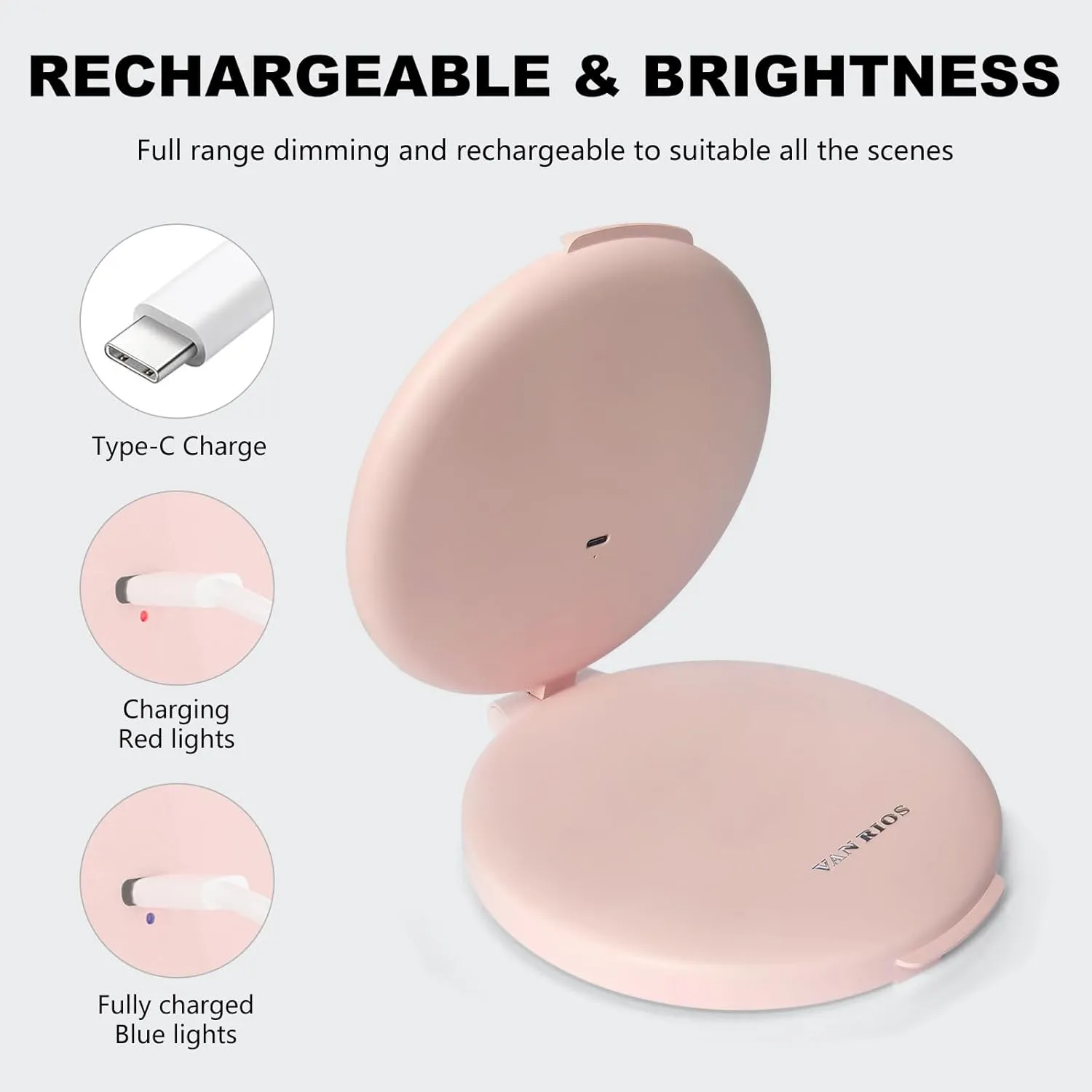 6.3 Inch Folding Rechargeable Double Sided Makeup Mirror with Lights,Travel Portable Magnifying Mirror(10x 1x),Magnifying Mirror with Light for Myopia and Makeup Fanatics