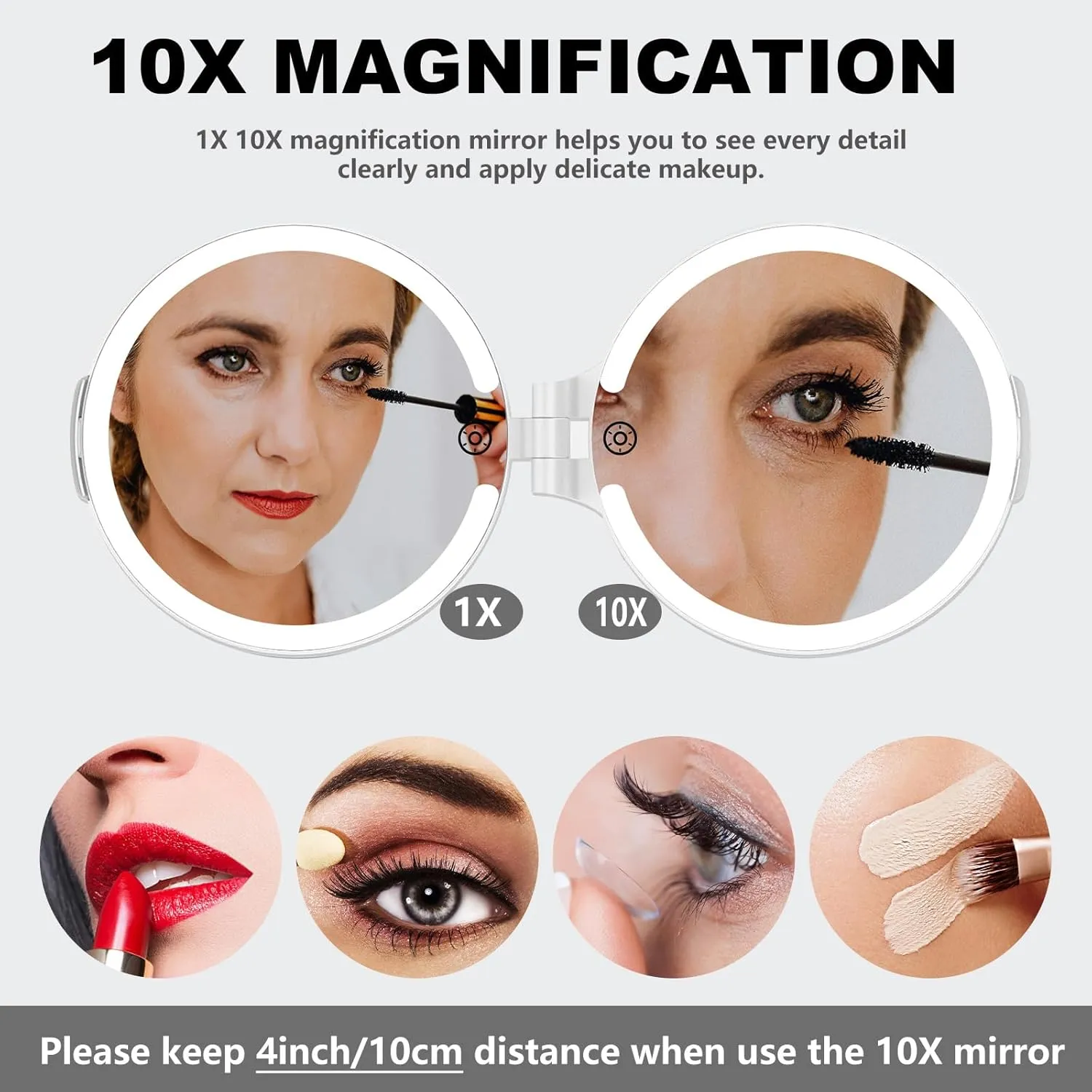 6.3 Inch Folding Rechargeable Double Sided Makeup Mirror with Lights,Travel Portable Magnifying Mirror(10x 1x),Magnifying Mirror with Light for Myopia and Makeup Fanatics