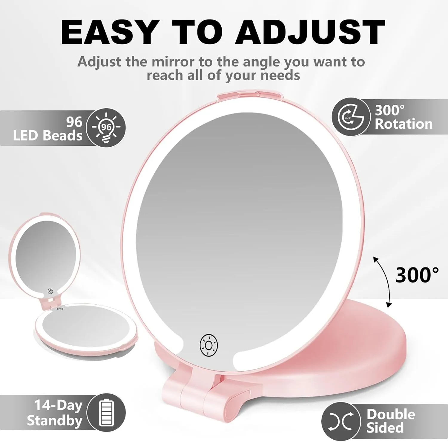 6.3 Inch Folding Rechargeable Double Sided Makeup Mirror with Lights,Travel Portable Magnifying Mirror(10x 1x),Magnifying Mirror with Light for Myopia and Makeup Fanatics