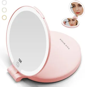 6.3 Inch Folding Rechargeable Double Sided Makeup Mirror with Lights,Travel Portable Magnifying Mirror(10x 1x),Magnifying Mirror with Light for Myopia and Makeup Fanatics