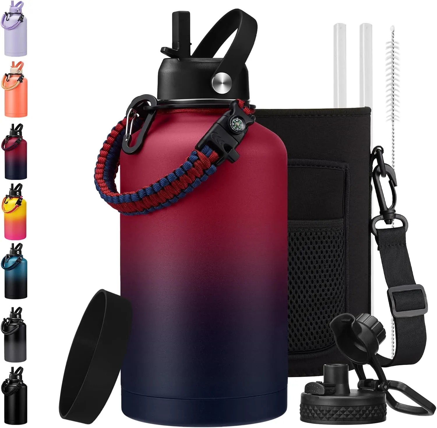 64 OZ Insulated Water Bottles with Straw & Spout Lids, Waterbottle Carrier with Strap, Protective Boot & Paracord Handle, Half Gallon Water Bottle 64oz Stainless Steel Water Canteen for Sports Gym