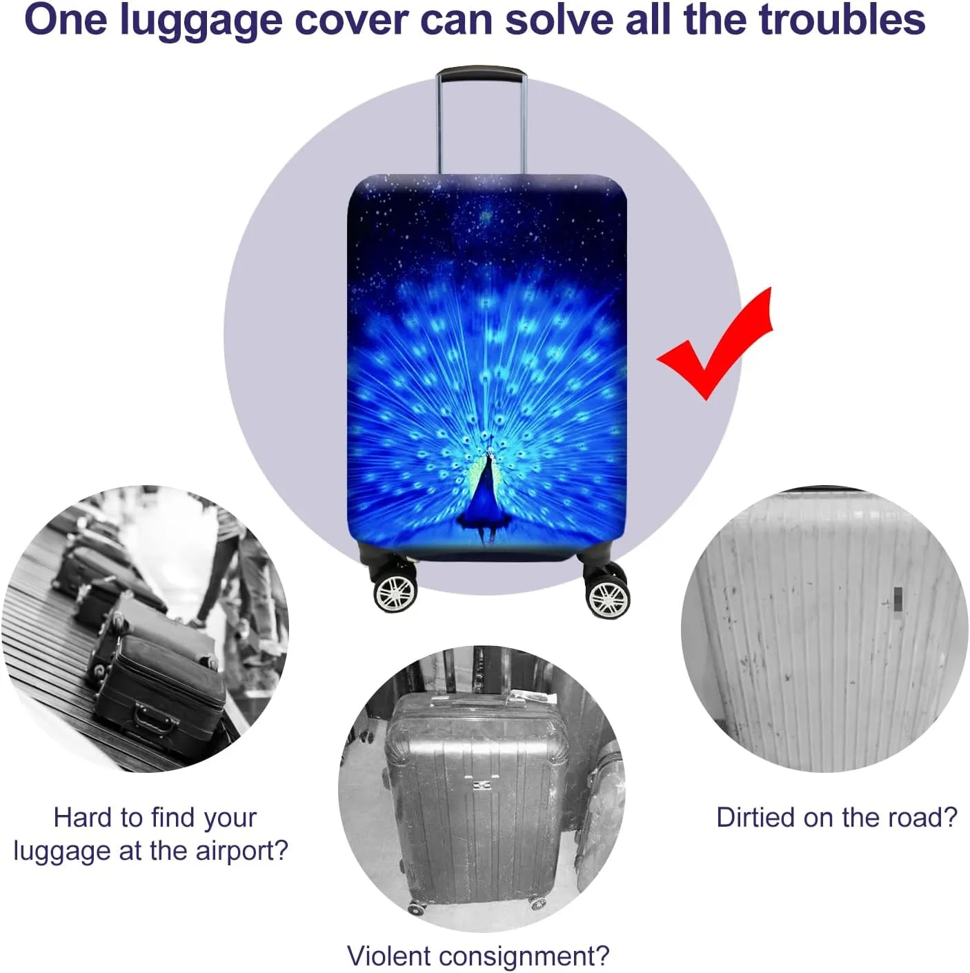 7-Mi Suitcase Cover 3D Print Design Travel Luggage Protector Trolley Case Cover 26"-28" Sleeve, BluePeacock