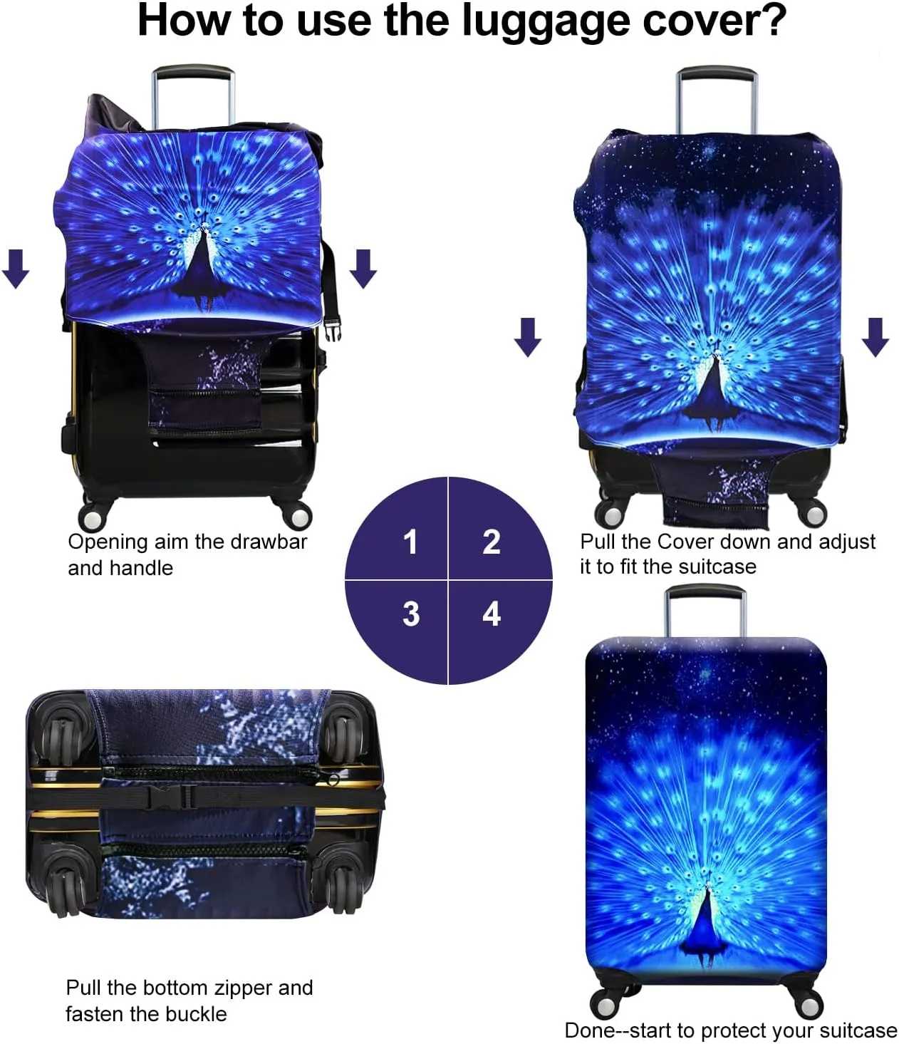 7-Mi Suitcase Cover 3D Print Design Travel Luggage Protector Trolley Case Cover 26"-28" Sleeve, BluePeacock