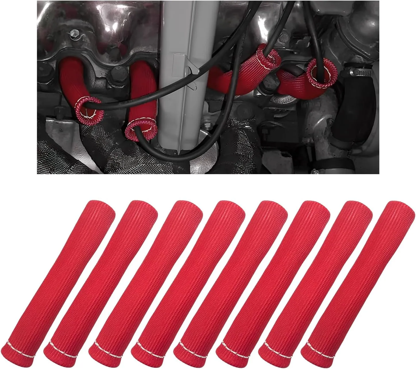 8 PCS Spark Plug Wire Boots, 6 Inch 1200° Automotive Heat Shield Thermal Protection Insulator Sleeve Cover, Fireproof Spark Plugs Protect Boot Replacement, Car Accessories (Red)