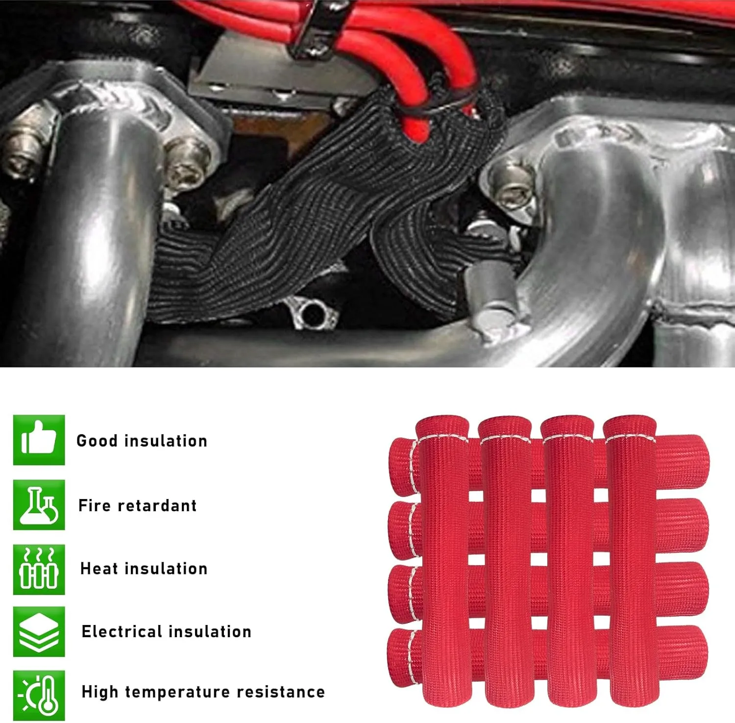 8 PCS Spark Plug Wire Boots, 6 Inch 1200° Automotive Heat Shield Thermal Protection Insulator Sleeve Cover, Fireproof Spark Plugs Protect Boot Replacement, Car Accessories (Red)