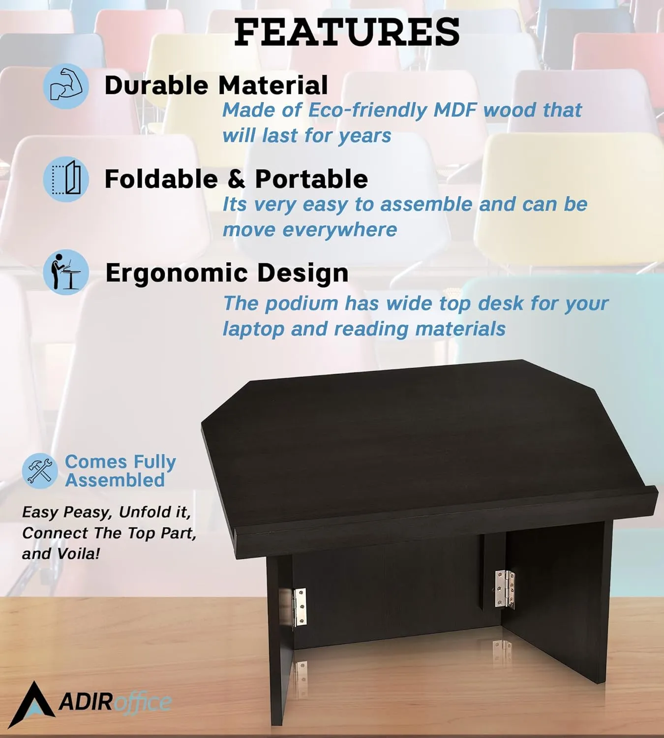 AdirOffice Tabletop Podium, Folding Podium Ideal as a Tabletop Lectern, Black