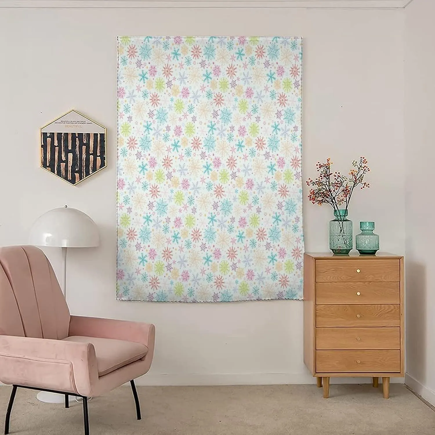 Adjustable Blackout Shades, Winter Portable Blackout Curtain, Colorful Doodle Snowflakes Cheerful Joyful Christmas Print Living Room Bedroom Window Drapes,47W x54L Inches, for Bathroom Bedroom