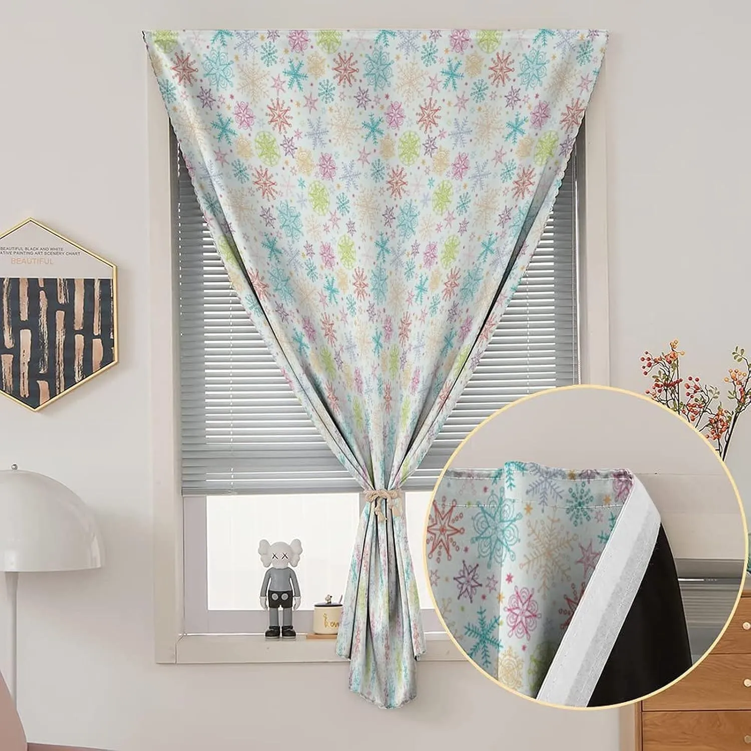 Adjustable Blackout Shades, Winter Portable Blackout Curtain, Colorful Doodle Snowflakes Cheerful Joyful Christmas Print Living Room Bedroom Window Drapes,47W x54L Inches, for Bathroom Bedroom