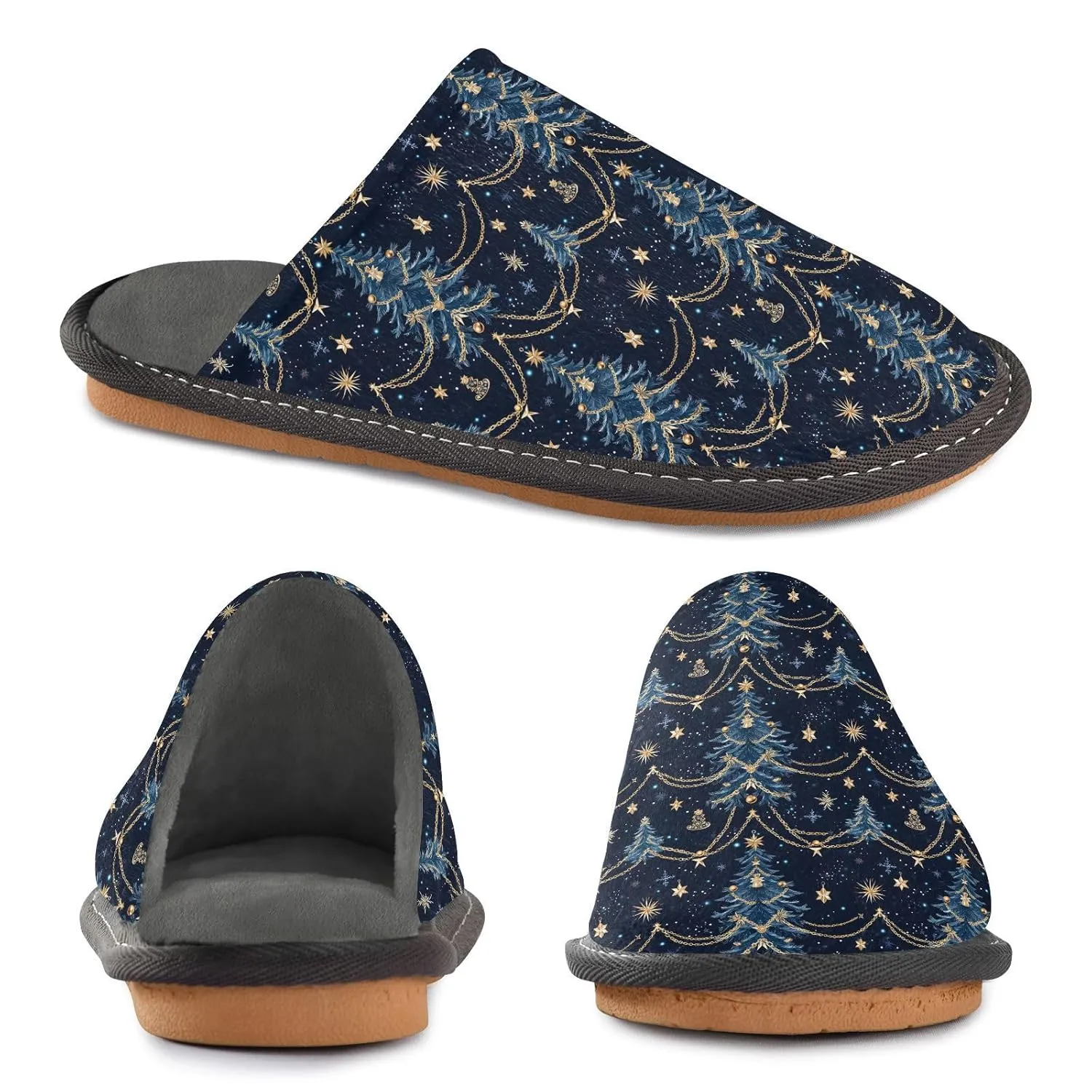 ALAZA Christmas Tree Blue Snowflake Fuzzy Slippers for Women Men Warm Soft Lightweight Memory Foam House Slippers 4-5