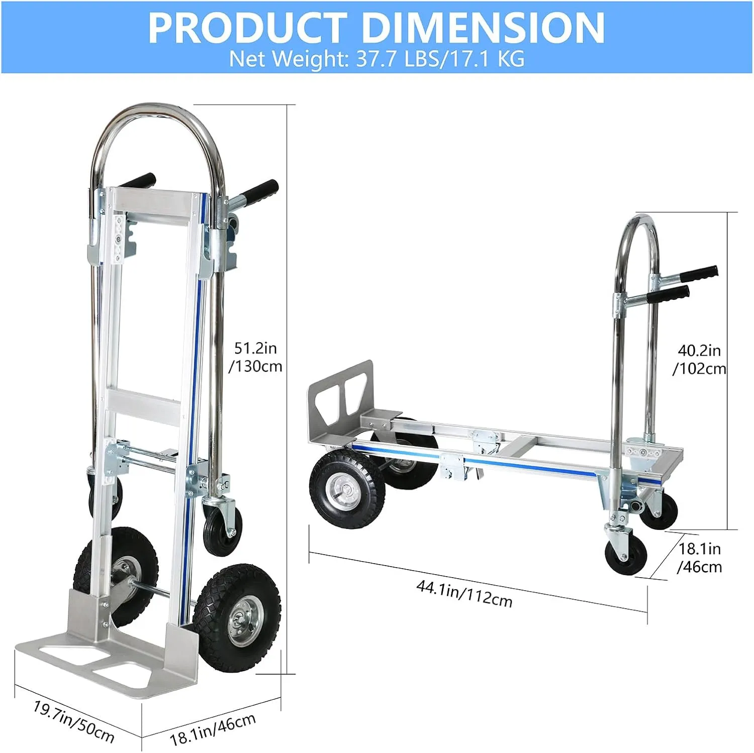 Aluminum Convertible Hand Truck, 2 in 1 Folding Dolly 800 LBS Capacity Heavy Duty Industrial Platform Cart Collapsible Truck for Transport & Moving in Warehouse, Home, Supermarket