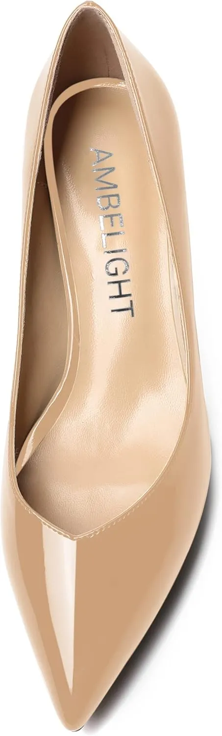 AMBELIGHT Womens Casual Slip On Pointed Toe Dress Shoes Patent Kitten Low Heel Pumps Shoes 2 Inch