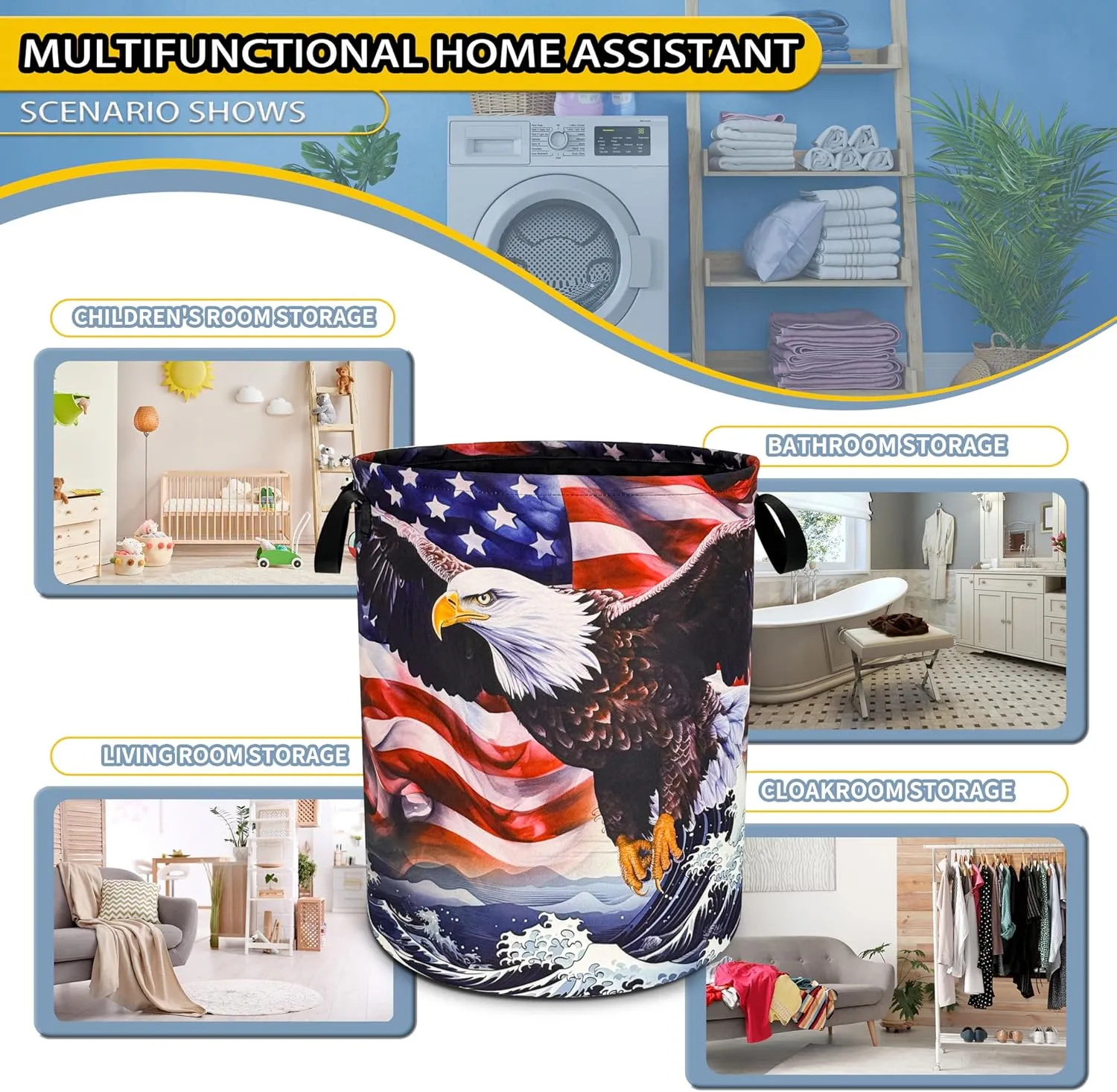 American Flag Eagle Wave Laundry Basket Foldable Oxford Cloth Funny Tote Bag Laundry Hamper Clothes Storage Bucket Toy Organizer For Bathroom/Laundry Storage/Bedroom 18.9x16.5 Inch