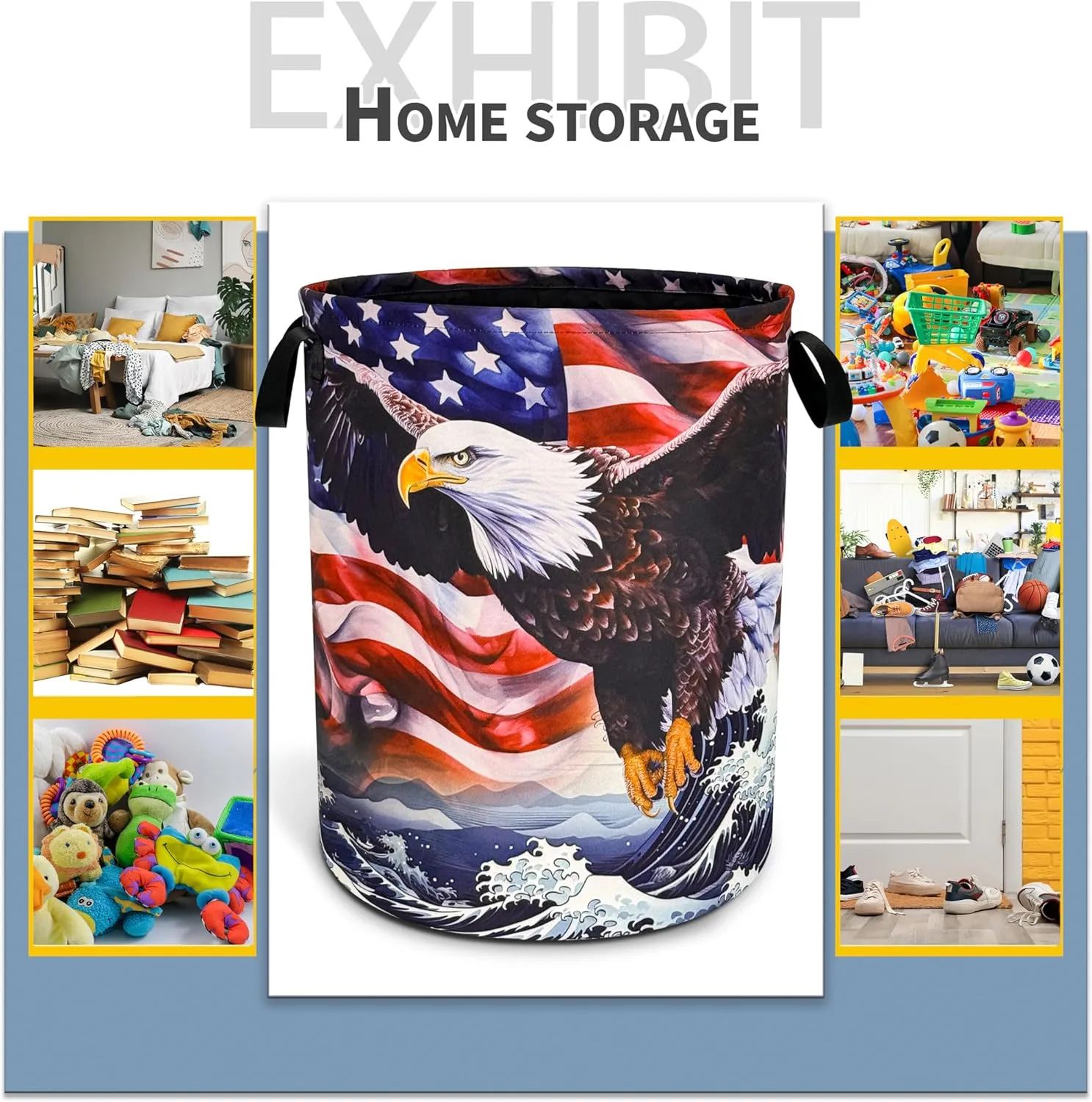 American Flag Eagle Wave Laundry Basket Foldable Oxford Cloth Funny Tote Bag Laundry Hamper Clothes Storage Bucket Toy Organizer For Bathroom/Laundry Storage/Bedroom 18.9x16.5 Inch