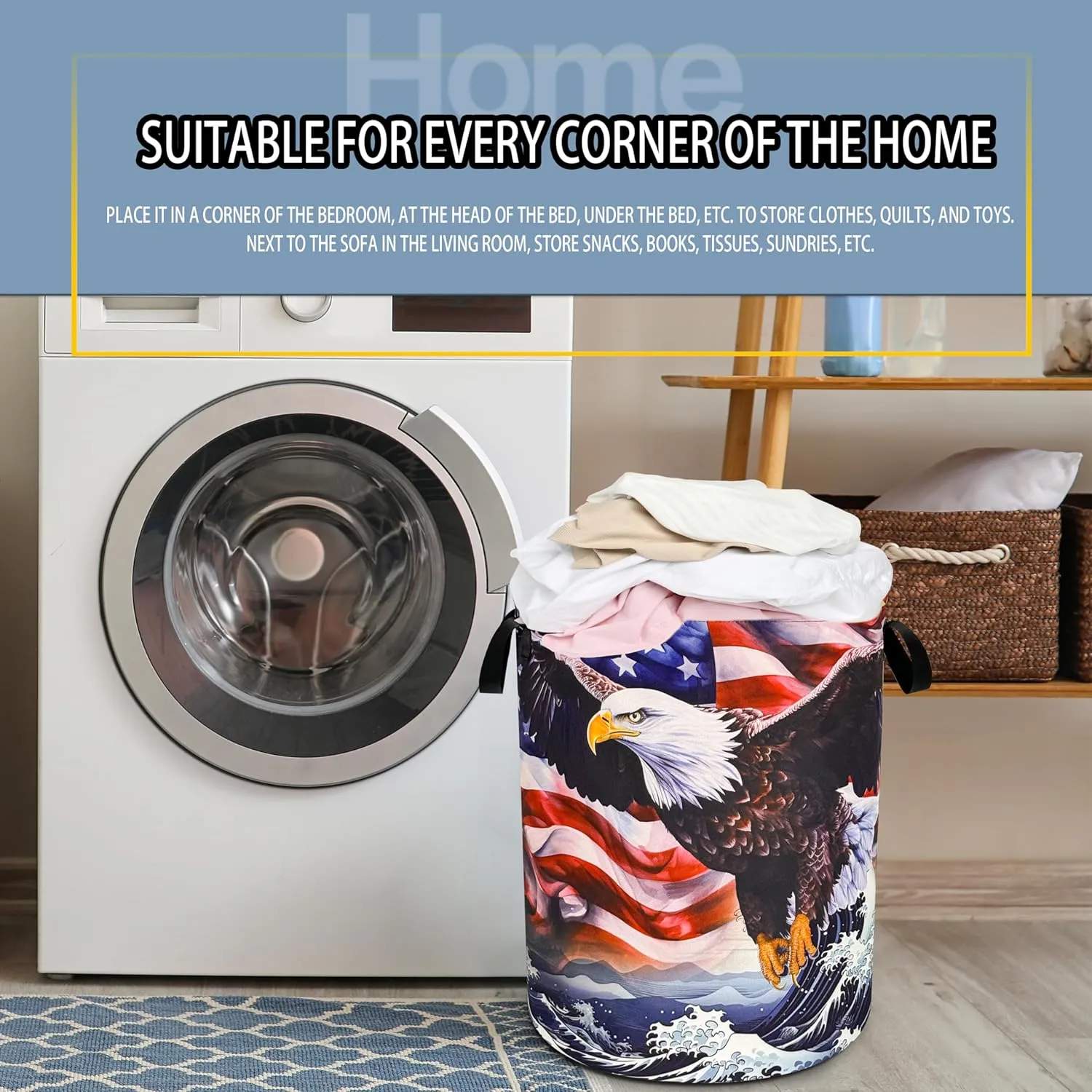 American Flag Eagle Wave Laundry Basket Foldable Oxford Cloth Funny Tote Bag Laundry Hamper Clothes Storage Bucket Toy Organizer For Bathroom/Laundry Storage/Bedroom 18.9x16.5 Inch
