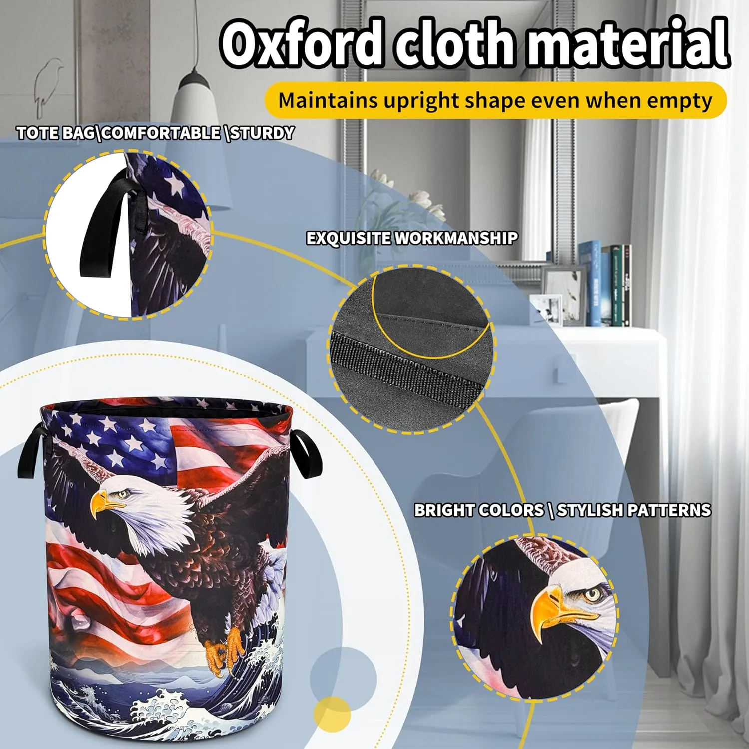American Flag Eagle Wave Laundry Basket Foldable Oxford Cloth Funny Tote Bag Laundry Hamper Clothes Storage Bucket Toy Organizer For Bathroom/Laundry Storage/Bedroom 18.9x16.5 Inch