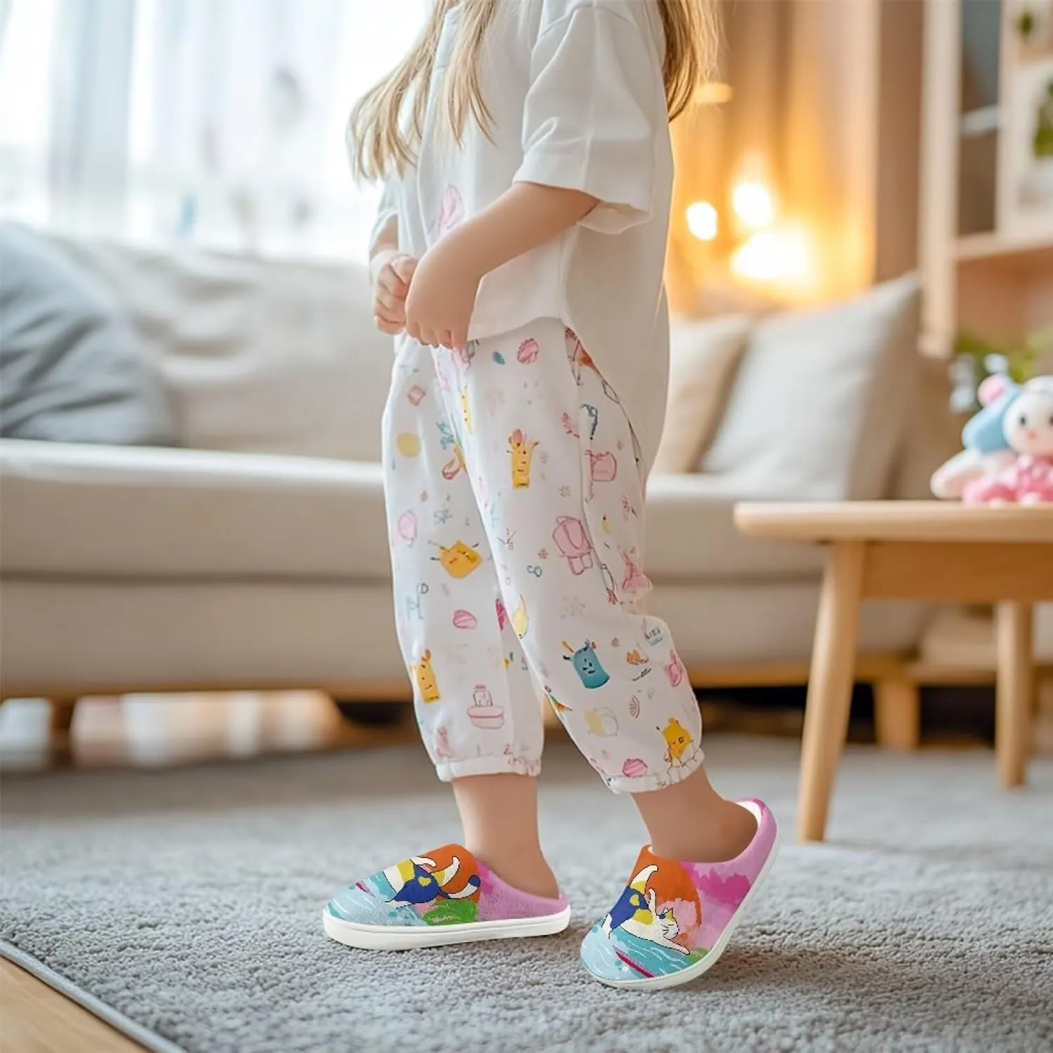 Animal Plush Slippers for Kid Warm Soft Floral Fluffy Fuzzy Slippers Slip-On Anti-Skid Outdoor Home Slipper for Kids