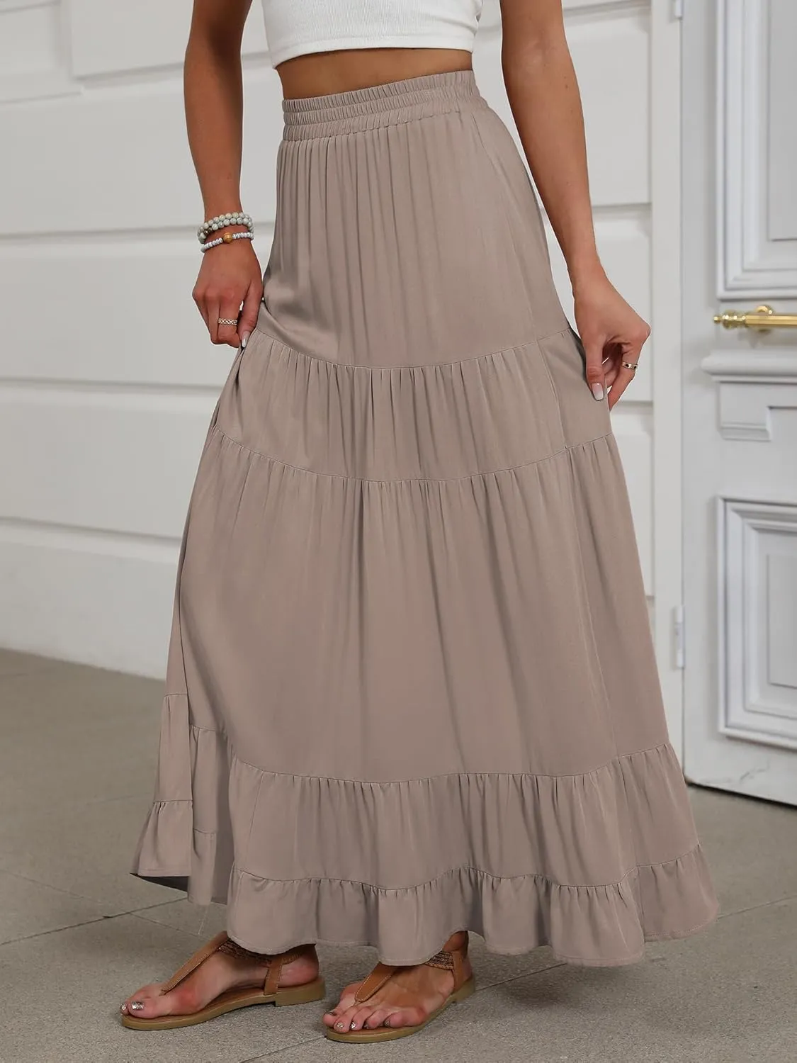 ANRABESS Womens Maxi Skirt Elastic High Waist Swing Tiered A-line Flowy Pleated Boho Beach Vacation Long Skirts