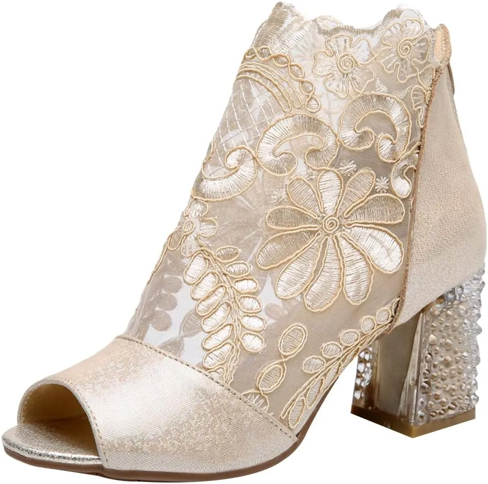 ANUFER Women Breathable Lace Peep Toe/Closed Toe Block Kitten Heel Summer Sandal Booties Dress Pumps Shoes