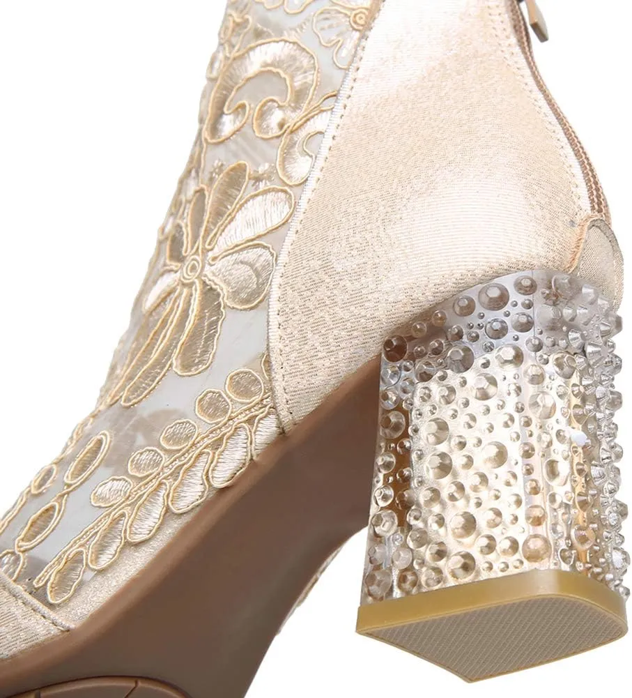 ANUFER Women Breathable Lace Peep Toe/Closed Toe Block Kitten Heel Summer Sandal Booties Dress Pumps Shoes