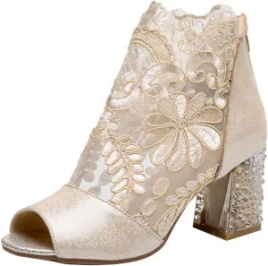ANUFER Women Breathable Lace Peep Toe/Closed Toe Block Kitten Heel Summer Sandal Booties Dress Pumps Shoes