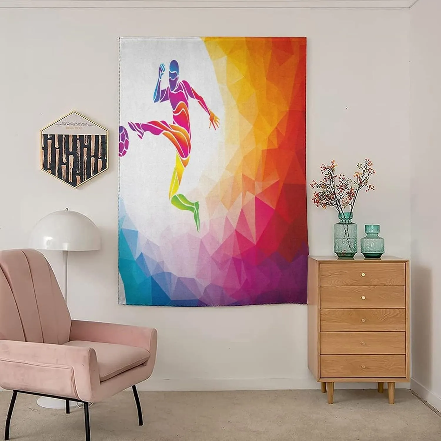Anywhere Portable Blackout Curtain, Teen Room Door Window Curtains, Fractal Soccer Player Hitting Ball Polygonal Abstract Art Print Bedroom Blackout Curtains,47W x54L Inches, for Bathroom Bedroom