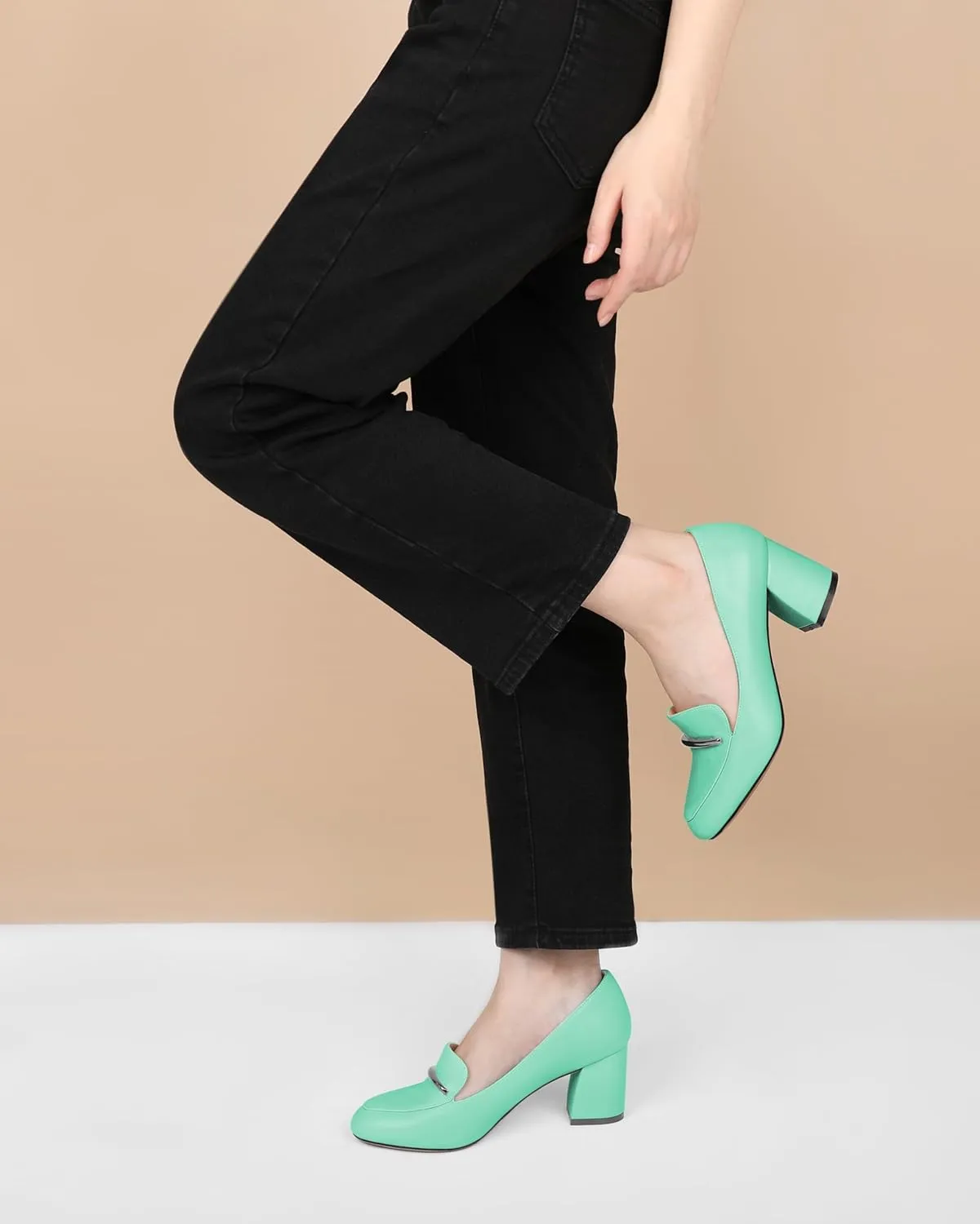 AUMOTED Heeled Loafers for Women Block Heel Loafers Comfortable Round Toe Chunky Pumps Women Work Low Heels Office Shoes 2.5 Inch
