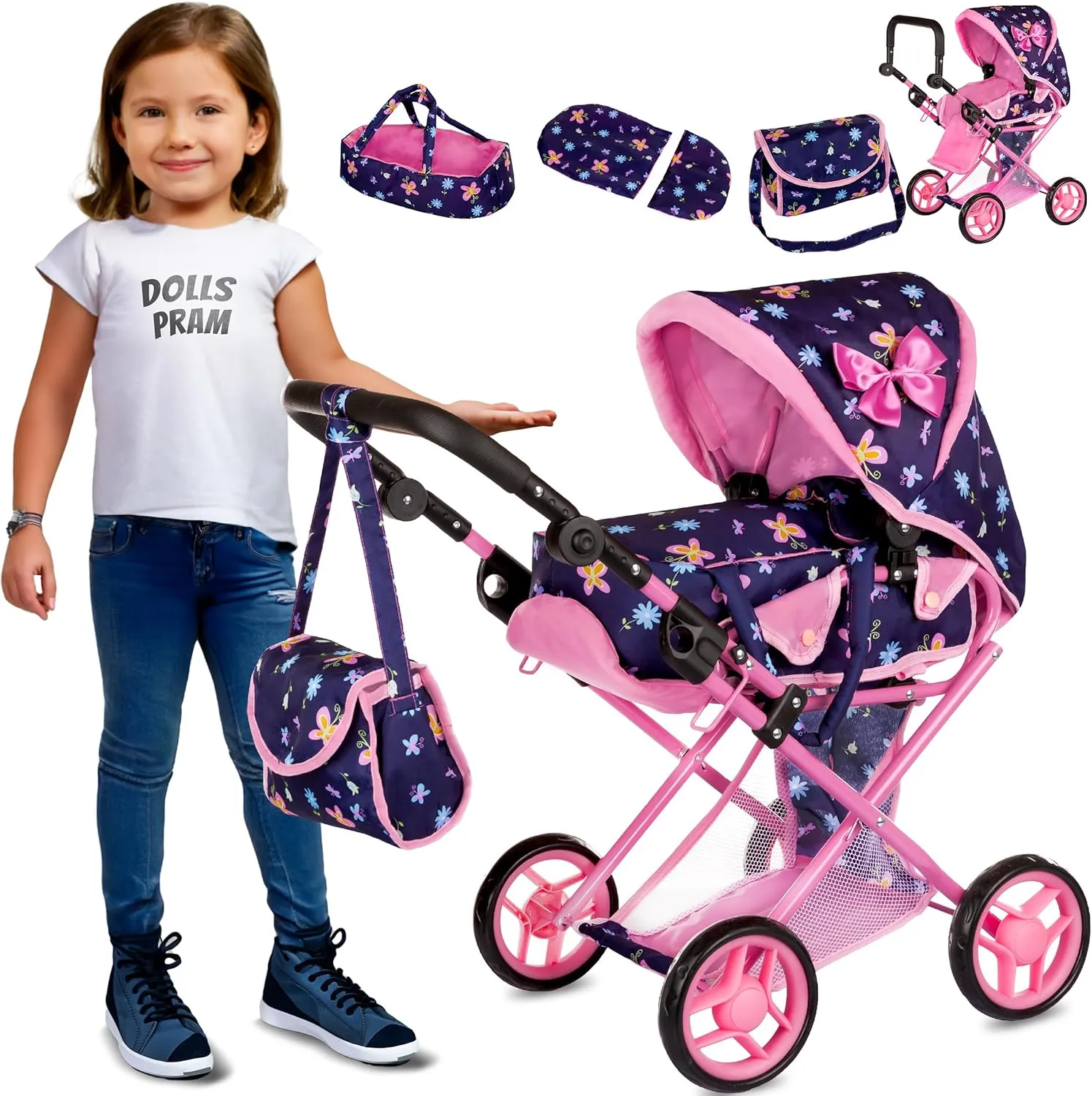 Baby Doll Stroller | Pram for Girls | Umbrella Stroller for Kids - Lightweight Play Carriage for Toddlers 1-3 | Baby Doll Accessories with Storage | (14.37-25.20 inches) Handle Height, Model KP0200I