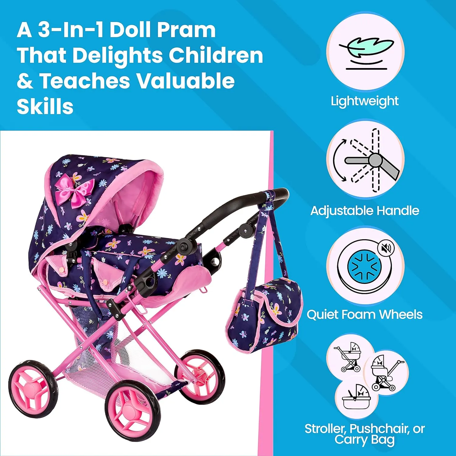 Baby Doll Stroller | Pram for Girls | Umbrella Stroller for Kids - Lightweight Play Carriage for Toddlers 1-3 | Baby Doll Accessories with Storage | (14.37-25.20 inches) Handle Height, Model KP0200I