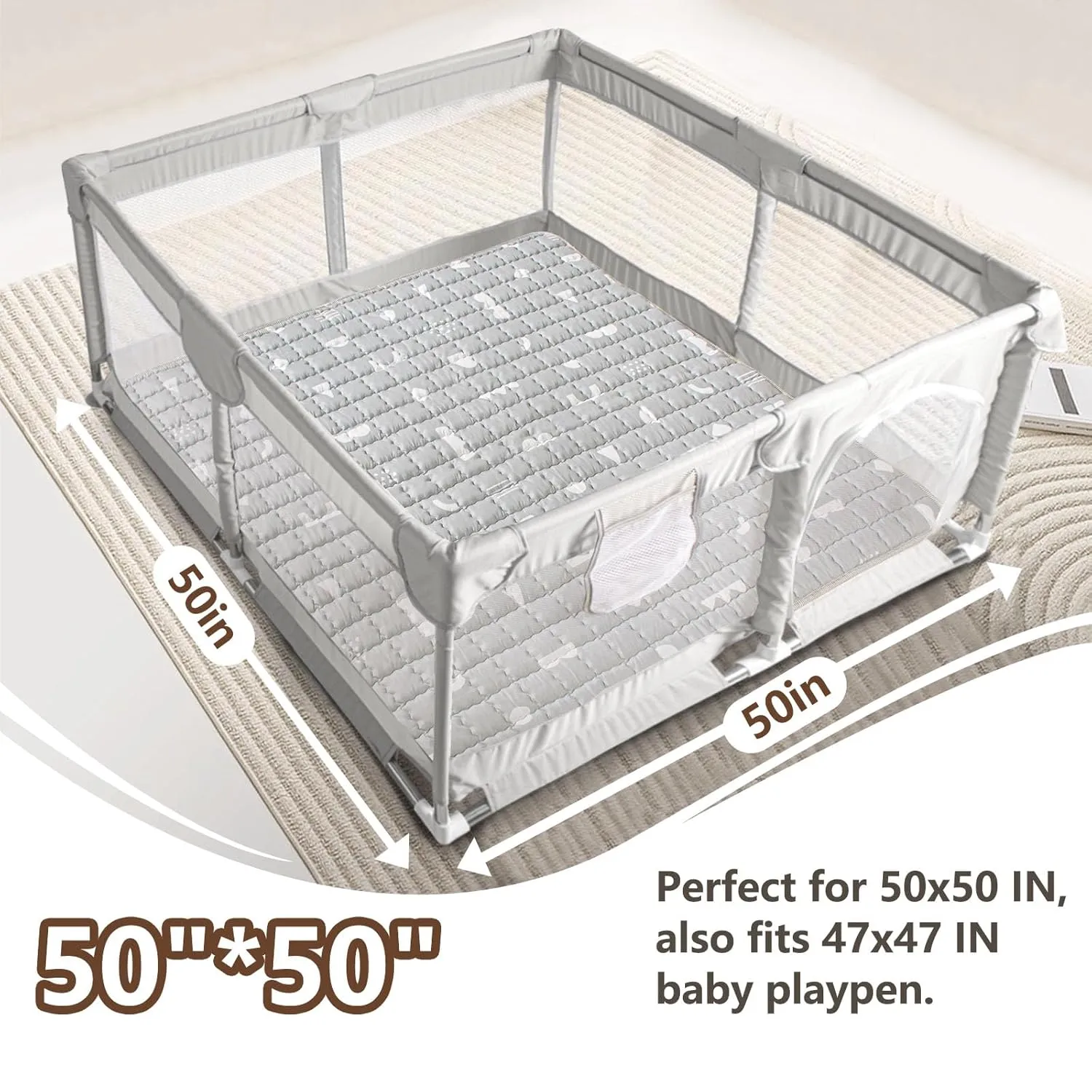 Baby Play Mat, 50x50 Playpen Mat with Super Soft Touch, Activity Mat with Upgraded Anti-Slip Bottom, Machine Washable Crawling Mat for Floor & Picnic (Boho Gray)