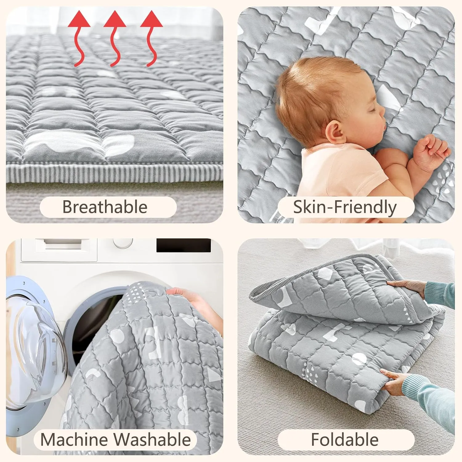 Baby Play Mat, 50x50 Playpen Mat with Super Soft Touch, Activity Mat with Upgraded Anti-Slip Bottom, Machine Washable Crawling Mat for Floor & Picnic (Boho Gray)