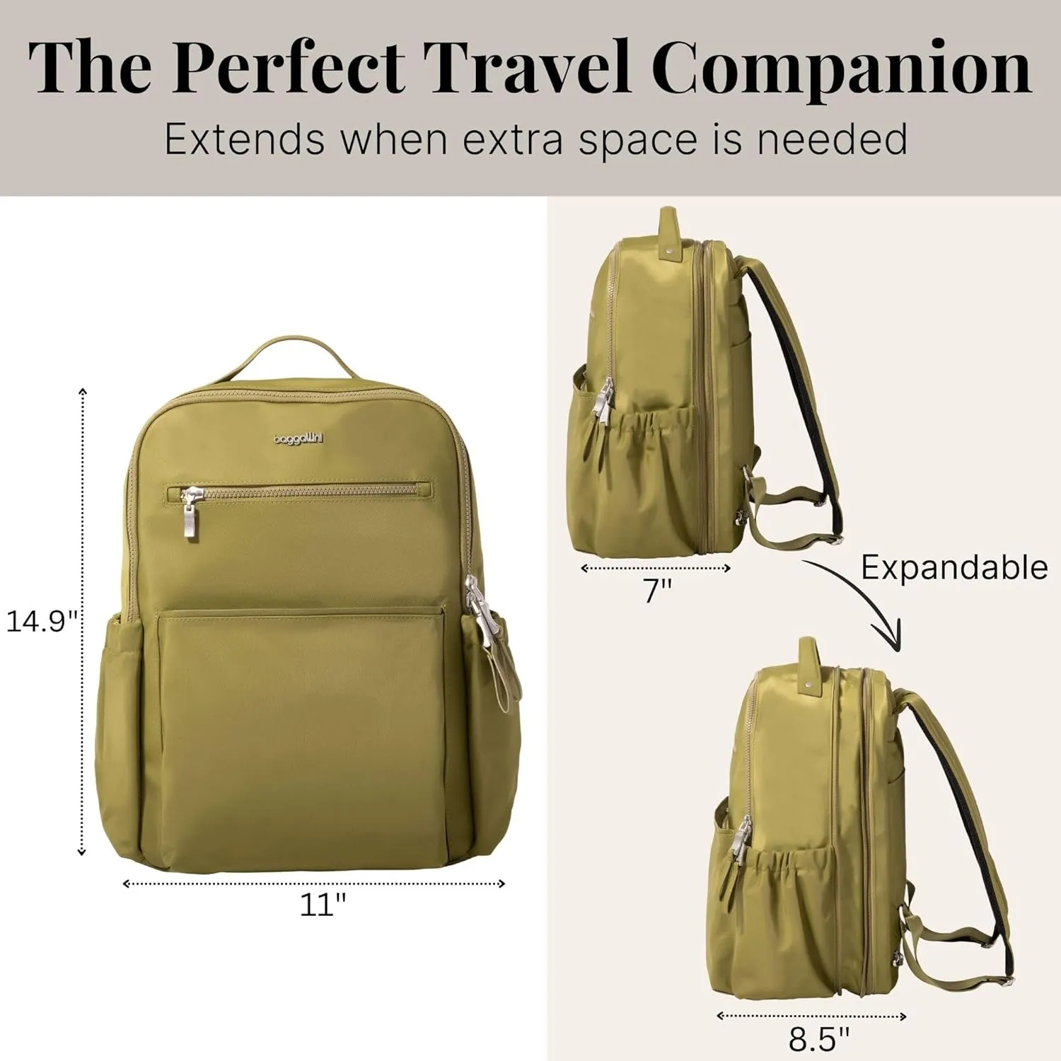 Baggallini Tribeca Expandable Laptop Backpack - 15"x11" Lightweight Work Travel Bag w/Luggage Sleeve & RFID