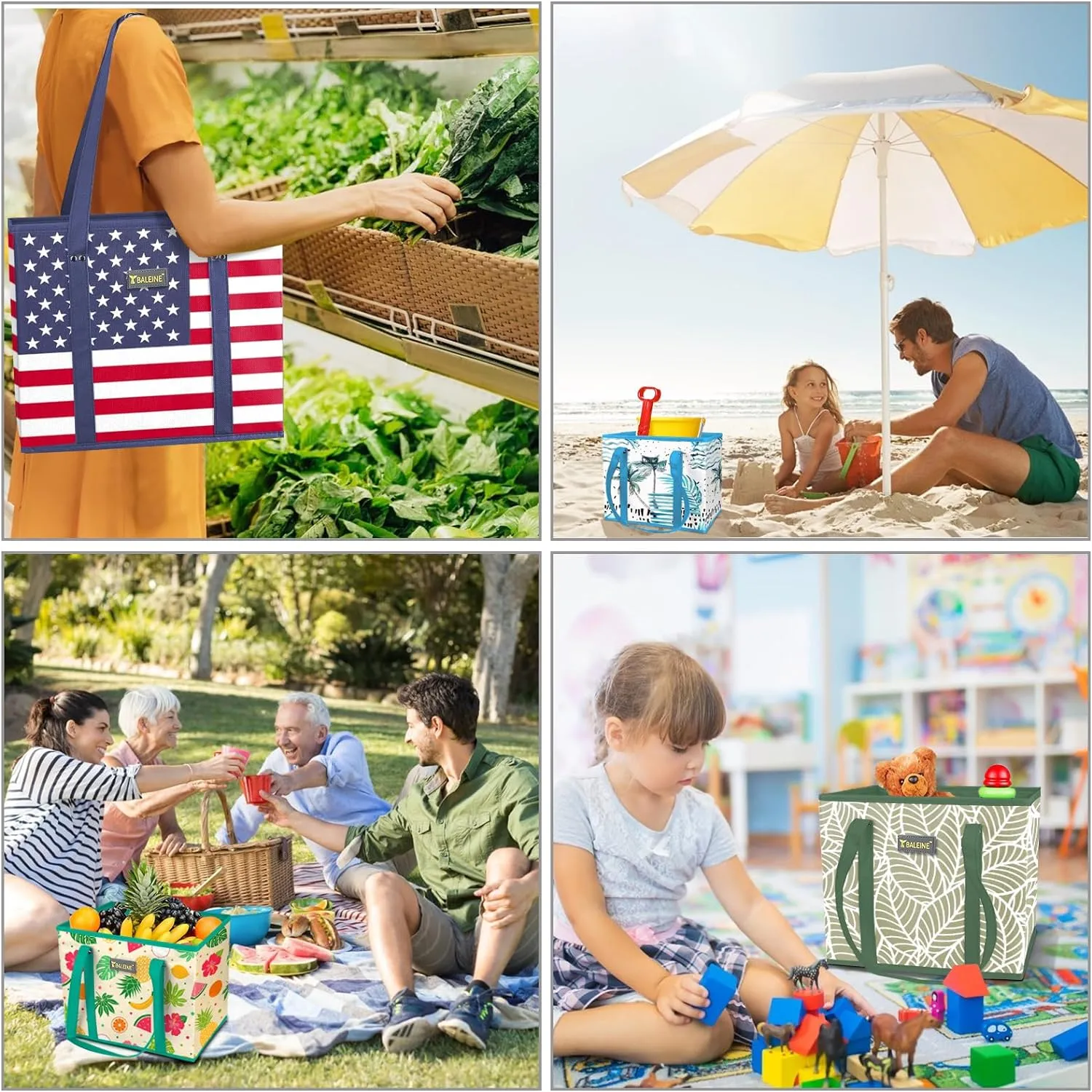 BALEINE 3Pk Reusable Grocery Bags, Foldable Shopping Bags for Groceries with Reinforced Bottom & Handles (Plaid Check)