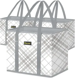 BALEINE 3Pk Reusable Grocery Bags, Foldable Shopping Bags for Groceries with Reinforced Bottom & Handles (Plaid Check)