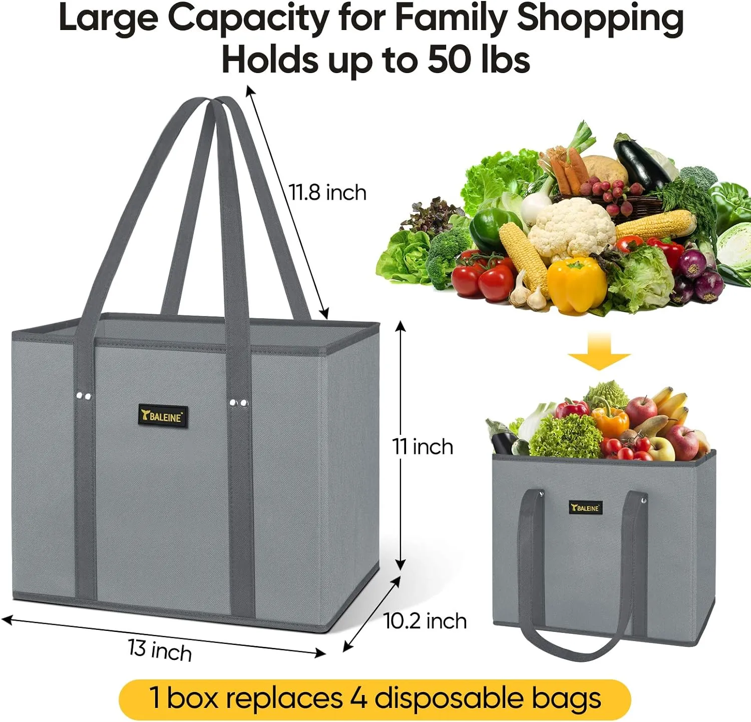 BALEINE 3Pk Reusable Grocery Bags, Foldable Shopping Bags for Groceries with Reinforced Bottom & Handles (Plaid Check)