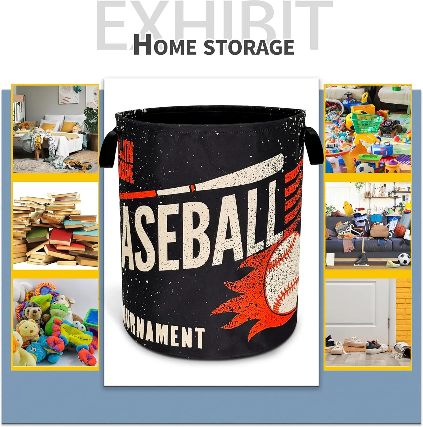 Baseball Laundry Basket Foldable Oxford Cloth Funny Tote Bag Laundry Hamper Clothes Storage Bucket Toy Organizer For Bathroom/Laundry Storage/Bedroom 18.9x16.5 Inch