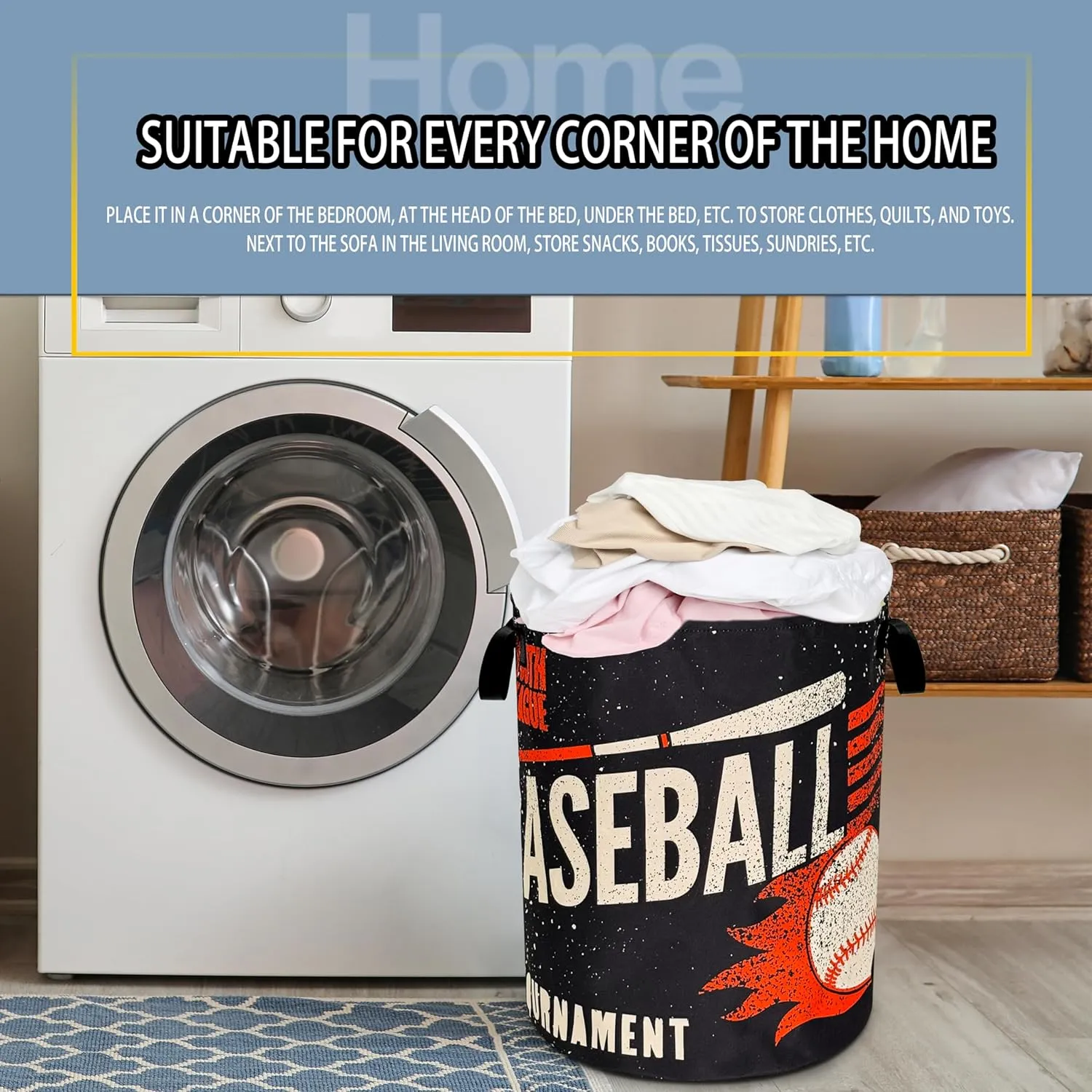 Baseball Laundry Basket Foldable Oxford Cloth Funny Tote Bag Laundry Hamper Clothes Storage Bucket Toy Organizer For Bathroom/Laundry Storage/Bedroom 18.9x16.5 Inch