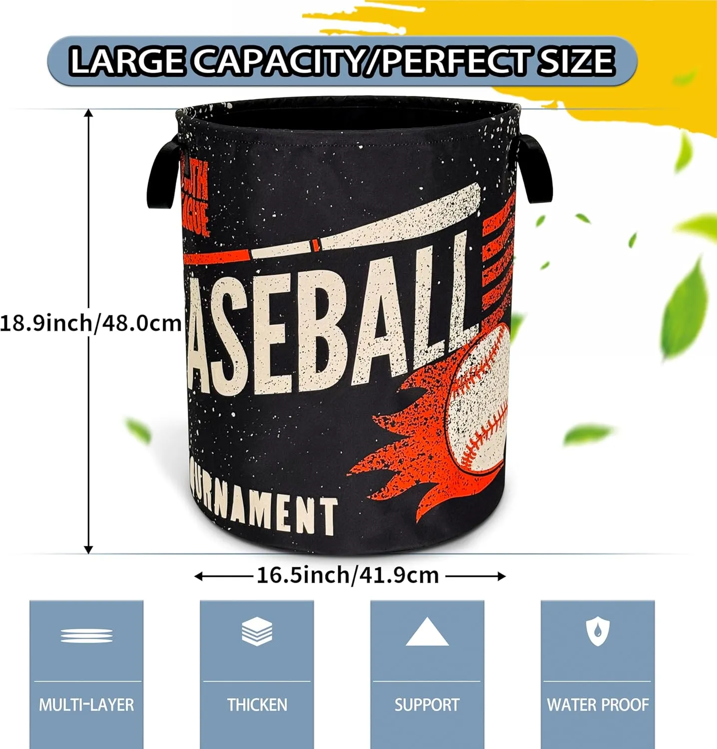 Baseball Laundry Basket Foldable Oxford Cloth Funny Tote Bag Laundry Hamper Clothes Storage Bucket Toy Organizer For Bathroom/Laundry Storage/Bedroom 18.9x16.5 Inch