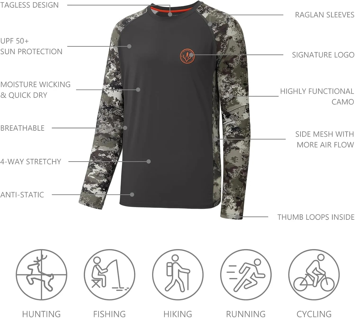 BASSDASH Men’s Lightweight Camo Hunting Shirt UPF 50  Sun Protection Long Sleeve Hiking Fishing Performance Tee Mesh Panels