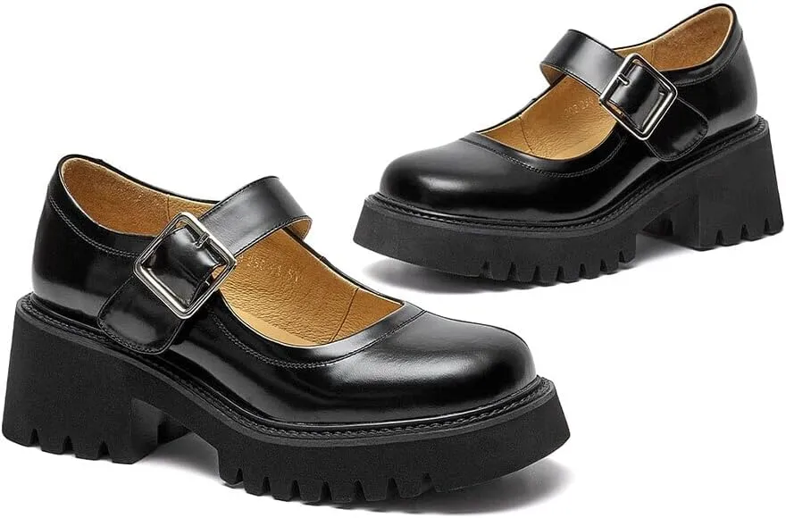 BEAU TODAY Mary Jane Shoes Women, Ballet Flats Shoes for Women, Buckle Strap Genuine Leather Flats, Comfortable Square Toe Dressy Mary Jane Flats Trendy