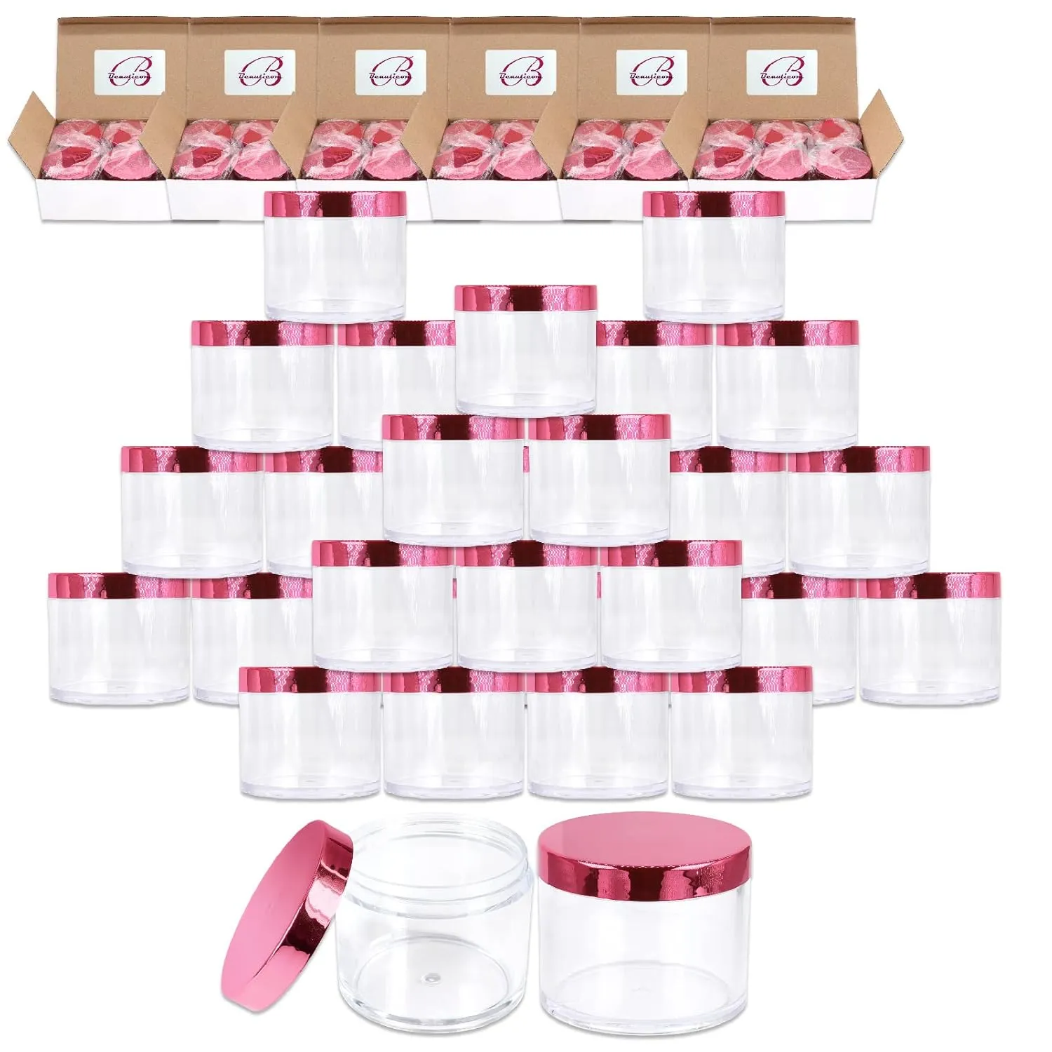 Beauticom 120g/120ml (4 Fl Oz) Thick Double Wall Leak-Proof Round Clear Plastic Jars with Flat Top Lids for Creams, Lotions, Powders, Glitters, and more… (Color: Rose Gold Lid, Quantity: 36 Pieces)