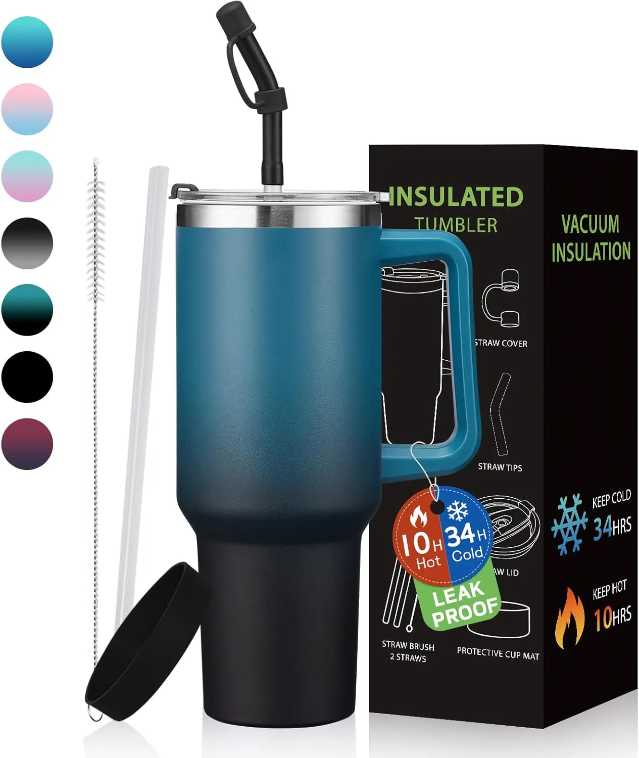 BENZZO 40 oz Tumbler with Handle and Straw Lid Travel Mugs Insulated for Hot and Cold Water Bottle Stainless Steel Coffee Cups