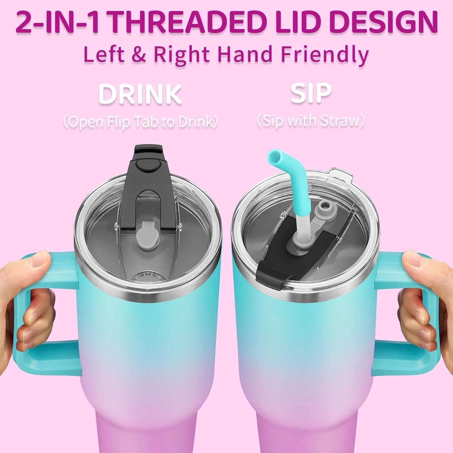 BENZZO 40 oz Tumbler with Handle Straw and 2-in-1 Lid Made of Metal Travel Mug for Easy Grip & Spill Proof, Pop-off Prevention Insulated Cup Gifts for Women, Double Seamless Inner Wall Vacuum Tumbler