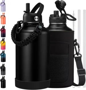 BENZZO Insulated Water Bottle 64 oz - Keep Cold 48Hrs Hot24 Hrs, 1/2 Gallon Water Jug with Straw, Auto Spot Lid, Triple Wall Vacuum Stainless Steel Sports Water Bottle, Metal Half Gallon Jug