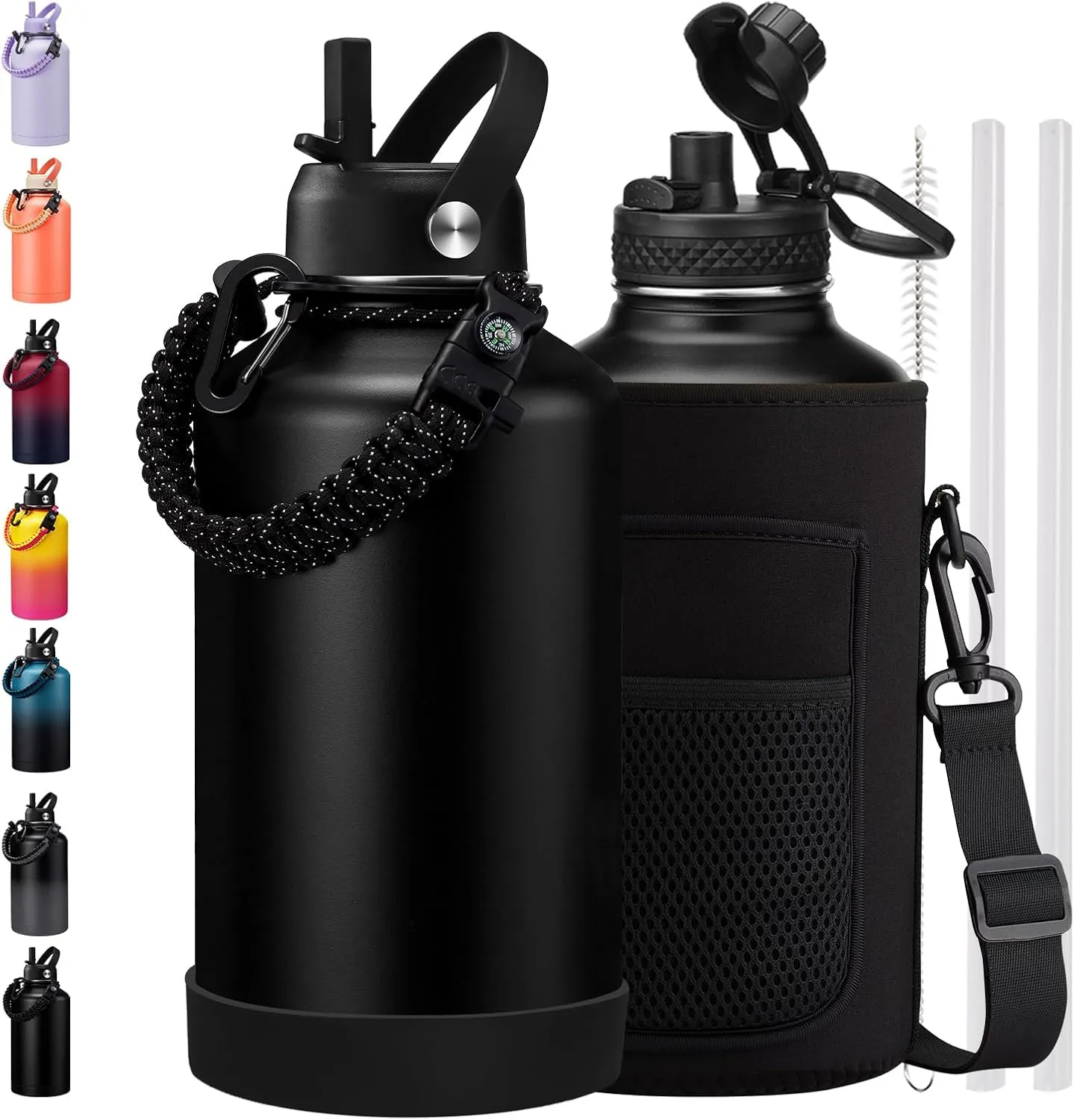 BENZZO Insulated Water Bottle 64 oz - Keep Cold 48Hrs Hot24 Hrs, 1/2 Gallon Water Jug with Straw, Auto Spot Lid, Triple Wall Vacuum Stainless Steel Sports Water Bottle, Metal Half Gallon Jug