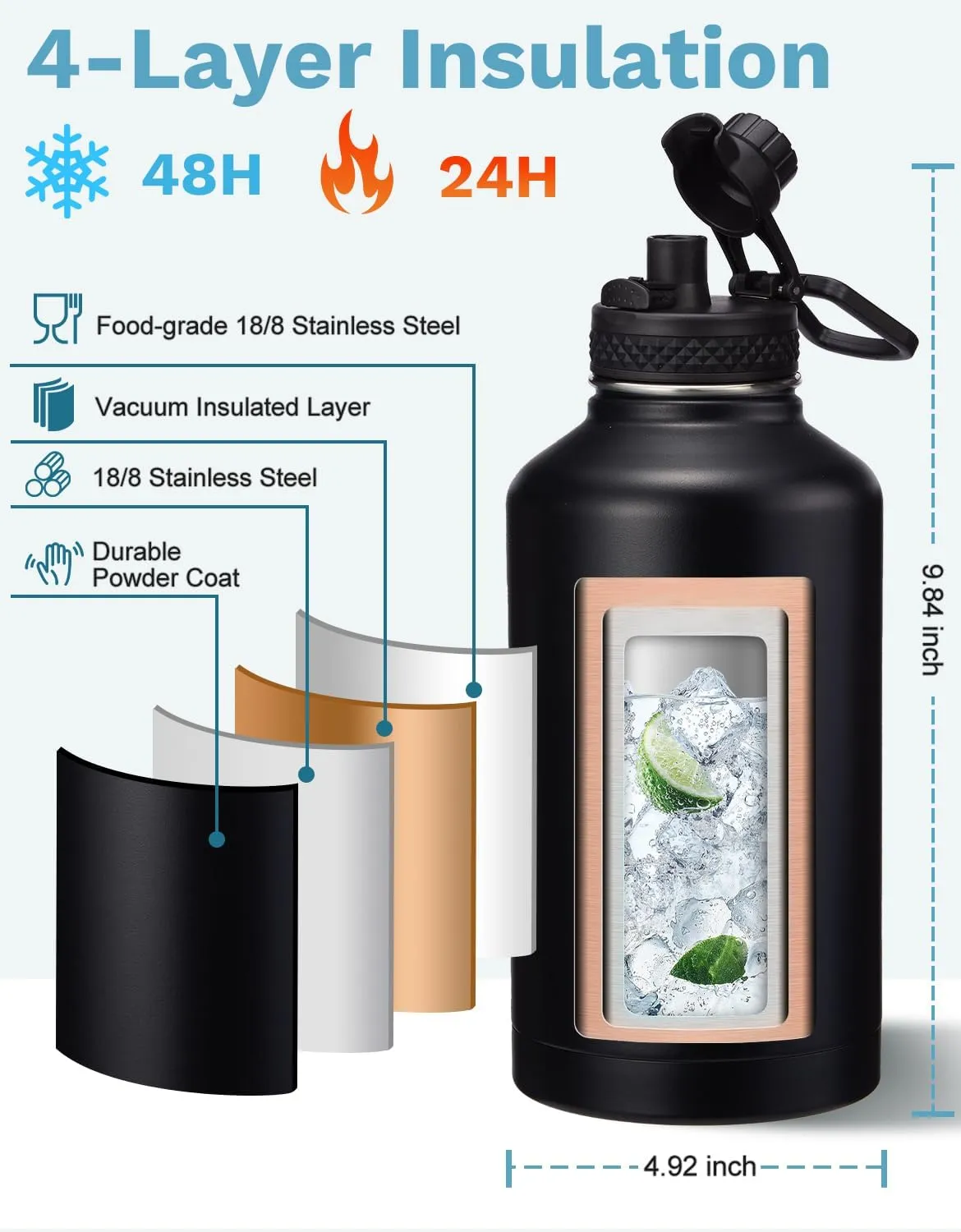 BENZZO Insulated Water Bottle 64 oz - Keep Cold 48Hrs Hot24 Hrs, 1/2 Gallon Water Jug with Straw, Auto Spot Lid, Triple Wall Vacuum Stainless Steel Sports Water Bottle, Metal Half Gallon Jug