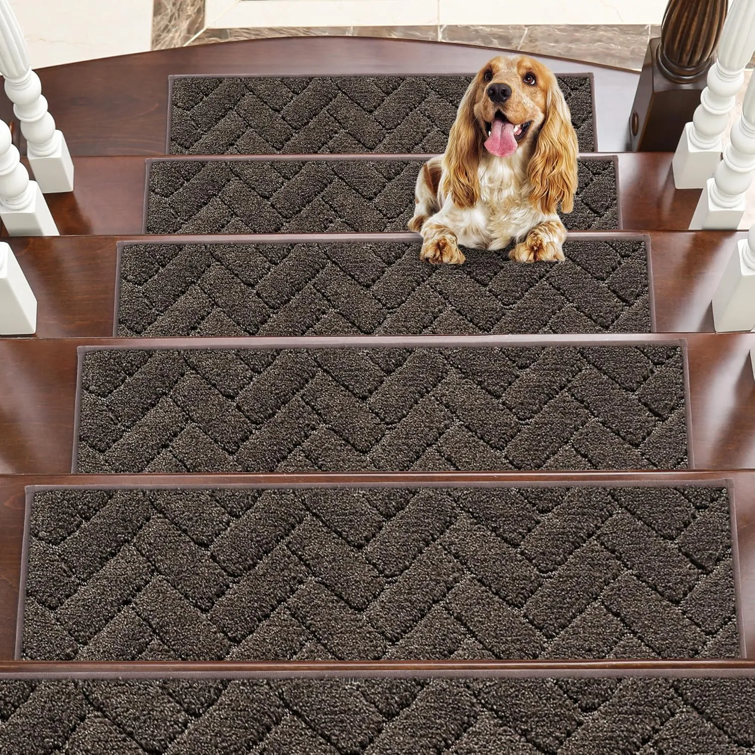 BEQHAUSE Stair Treads Non Slip Stair Runners Step Carpet Mat for Wooden Steps Indoor Machine Washable 28inX9in Edging Polyester Soft Stair Rugs for Kids Elders Pets with TPE Backing(Brown,7pcs)