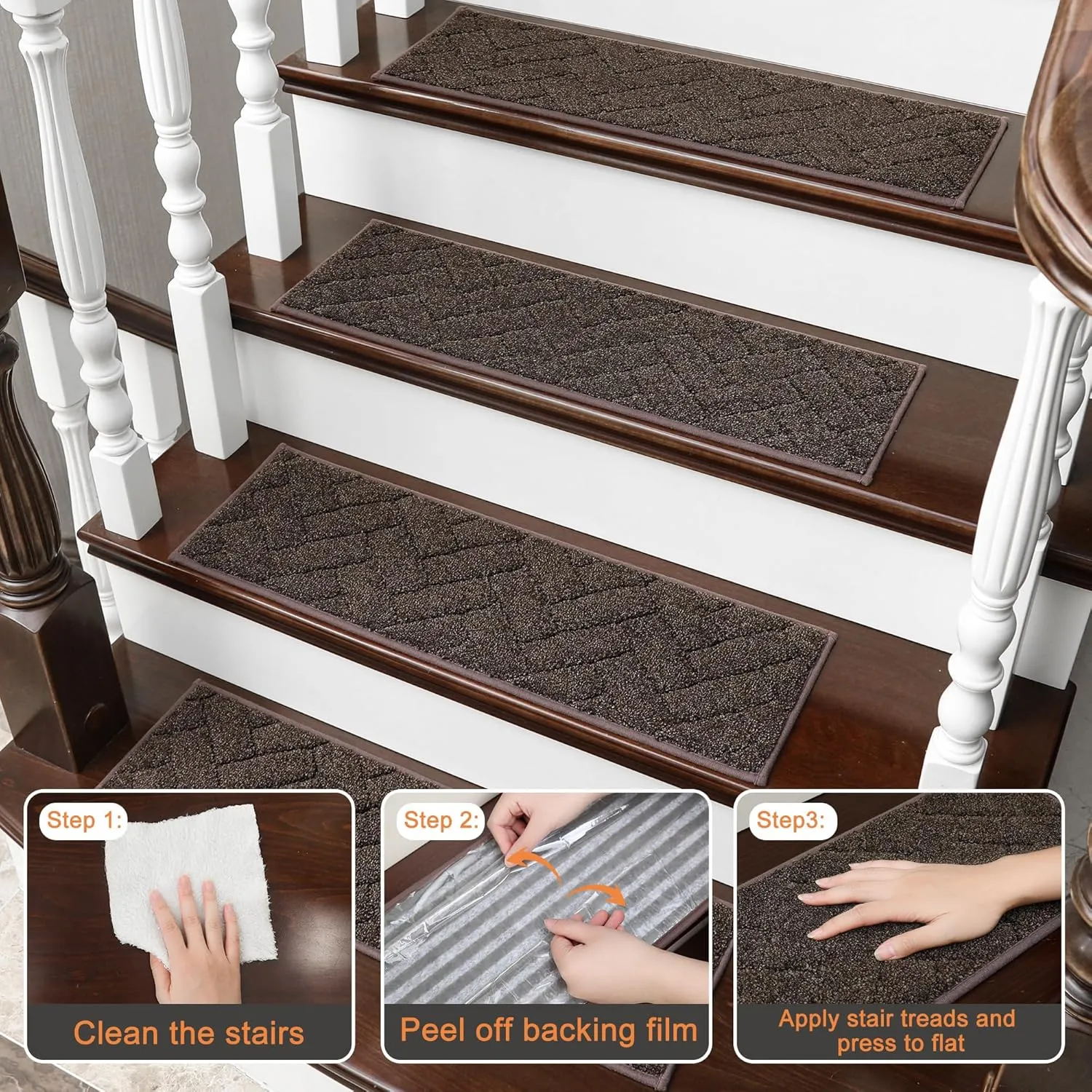 BEQHAUSE Stair Treads Non Slip Stair Runners Step Carpet Mat for Wooden Steps Indoor Machine Washable 28inX9in Edging Polyester Soft Stair Rugs for Kids Elders Pets with TPE Backing(Brown,7pcs)