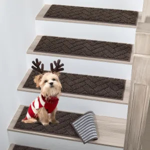 BEQHAUSE Stair Treads Non Slip Stair Runners Step Carpet Mat for Wooden Steps Indoor Machine Washable 28inX9in Edging Polyester Soft Stair Rugs for Kids Elders Pets with TPE Backing(Brown,7pcs)