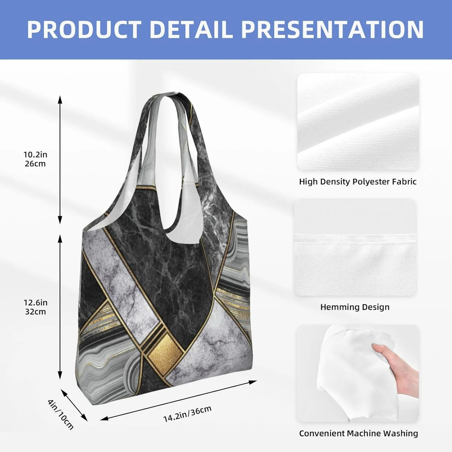 Black Gold Marble Print Tote Bags Reusable Grocery Bags Shopping Bags For Groceries Reusable Bags Foldable Shopping Bag