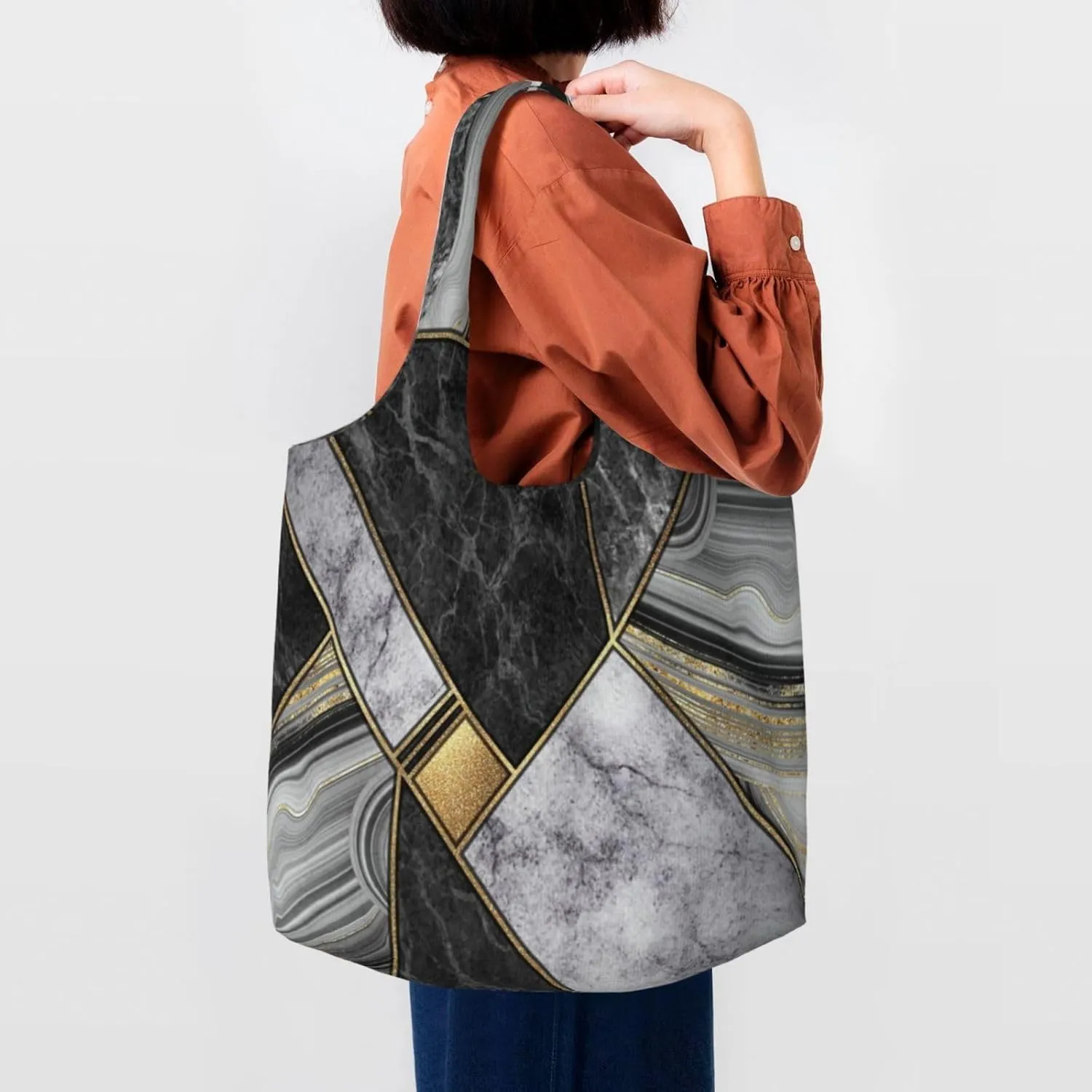 Black Gold Marble Print Tote Bags Reusable Grocery Bags Shopping Bags For Groceries Reusable Bags Foldable Shopping Bag